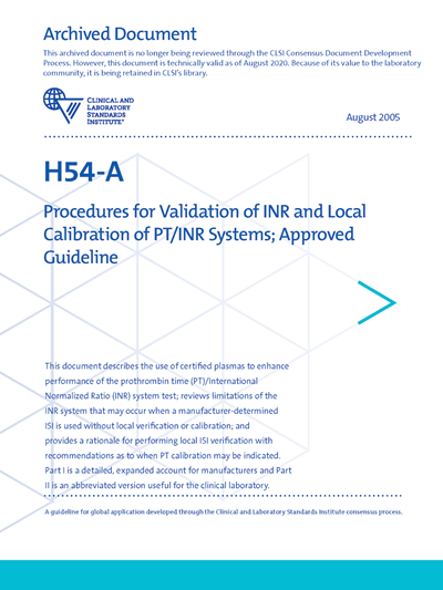 Procedures for Validation of INR and Local Calibration of PT/INR Systems, 1st Edition