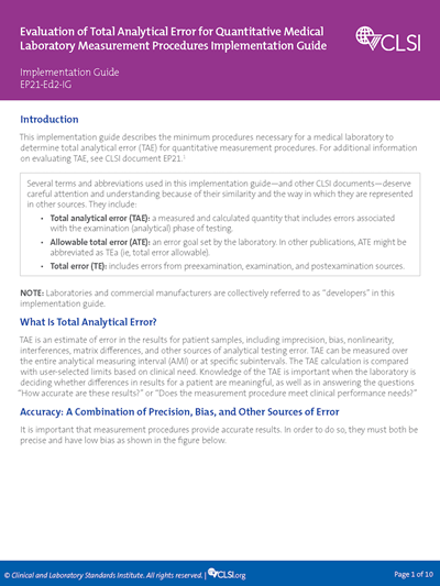 Evaluation of Total Analytical Error for Quantitative Medical Laboratory Measurement Procedures Implementation Guide, 1st Edition